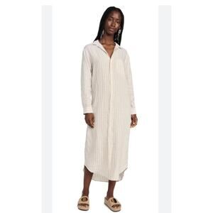 FRANK & EILEEN Sz XS Beige Sand White Stripe Rory Linen Maxi Shirt Dress